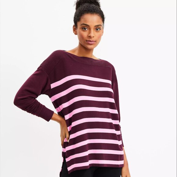 LOFT Lou & Grey Striped Boatneck Tunic Sweater – Small, Burgundy/Pink Stripe NWT - Picture 1 of 4